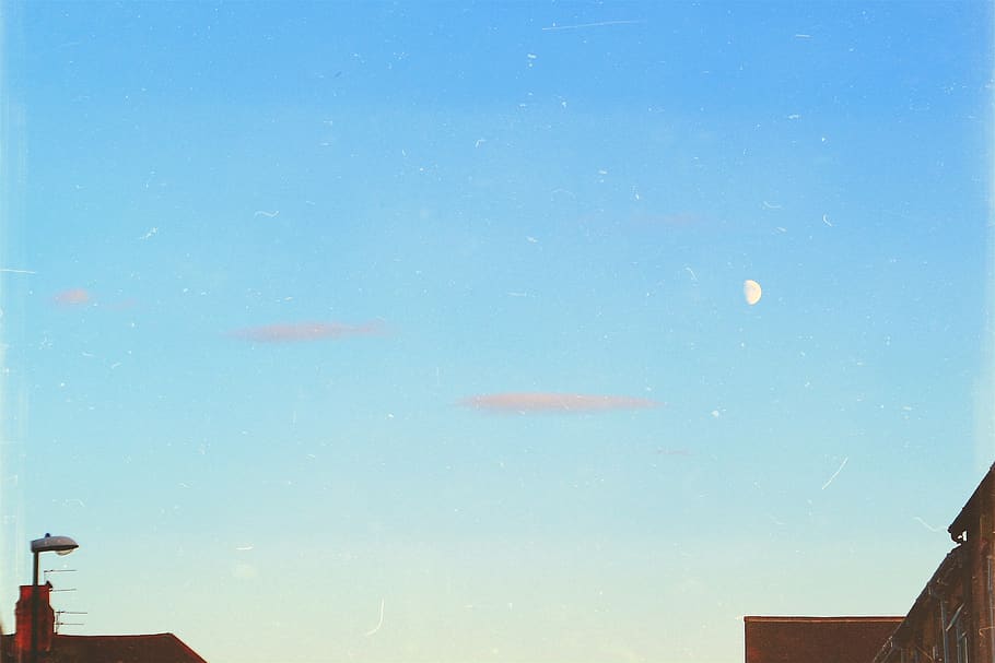 sky, blue, clear, clear sky, blue sky, clouds, moon, neighbourhood HD wallpaper