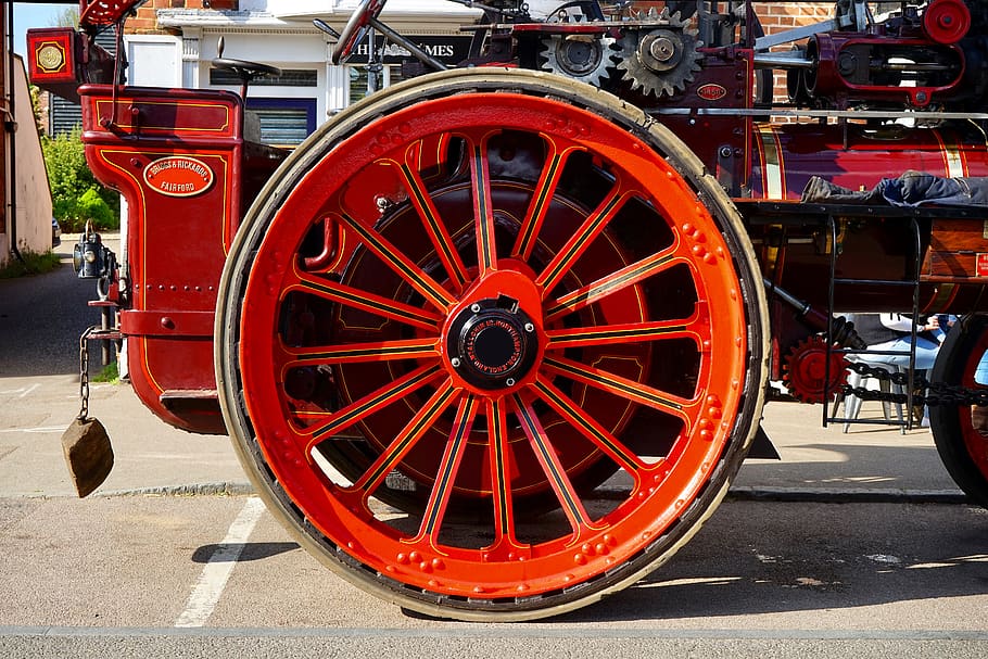 Red Metal Carriage Wheel, drive, engine, mags, road, truck, vehicle HD wallpaper
