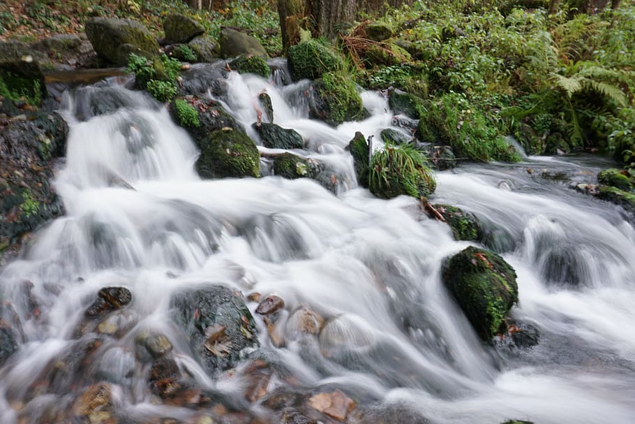 waterfall, green, flow, bach, nature, waters, moss, stones HD wallpaper