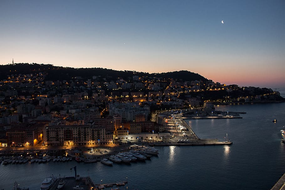 night, light, view, cityview, sunrise, port, nice, architecture HD wallpaper
