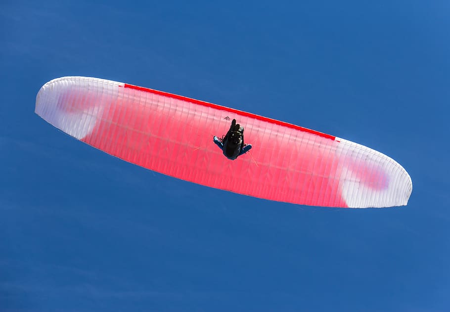 white and red parachute, gliding, leisure activities, adventure HD wallpaper