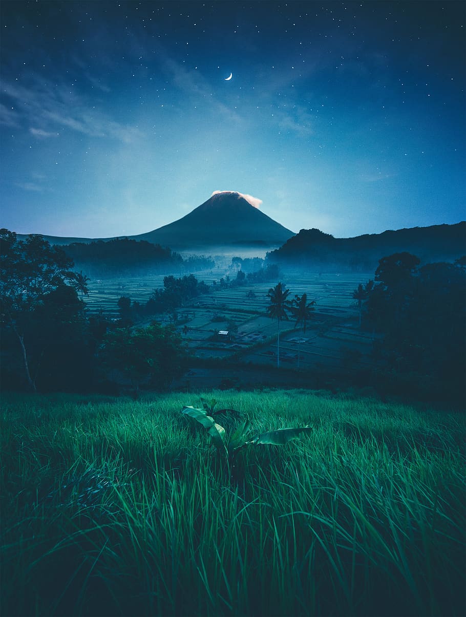 nature, wallpaper, view, night, moon, stars, blue, sky, light HD wallpaper