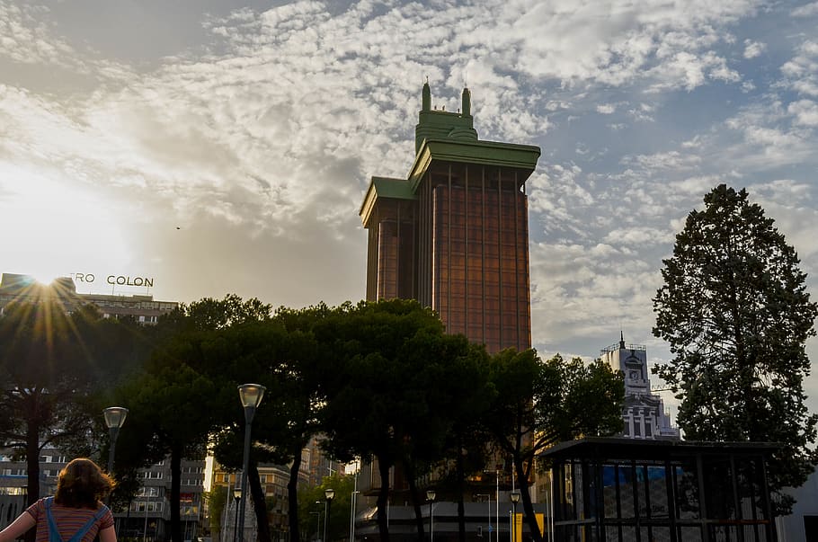 madrid, spain, city, cloud, building, urban, sunset, skycrapper HD wallpaper
