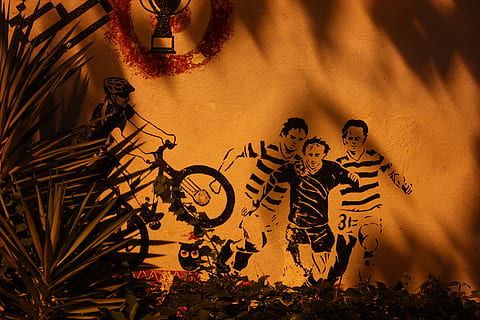 three men playing soccer drawing, bicycle, transportation, bike HD wallpaper