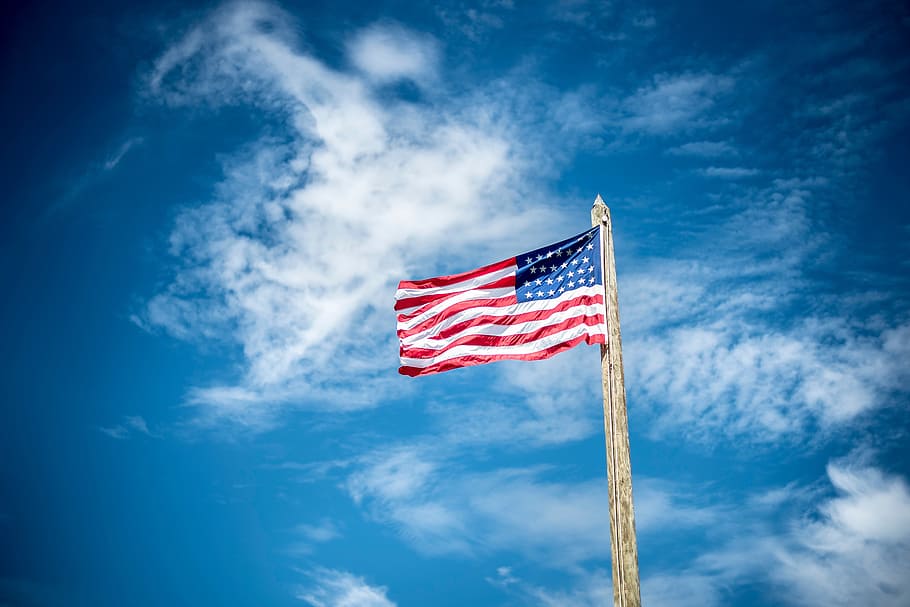 blue, sky, clouds, flag, pole, usa, united states, patriotism HD wallpaper