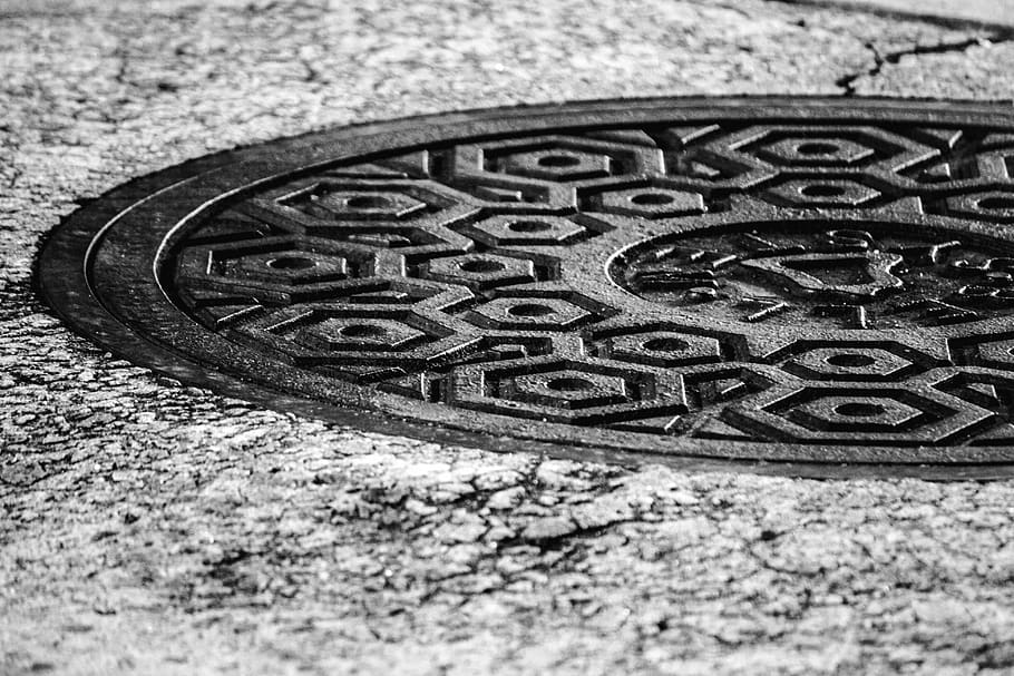 sewer, drain, hole, manhole, urban, pattern, black and white, HD wallpaper