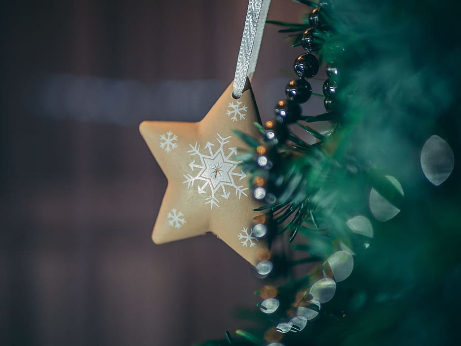 Brown Star Tree Decor, beads, blur, bokeh, bright, celebration HD wallpaper
