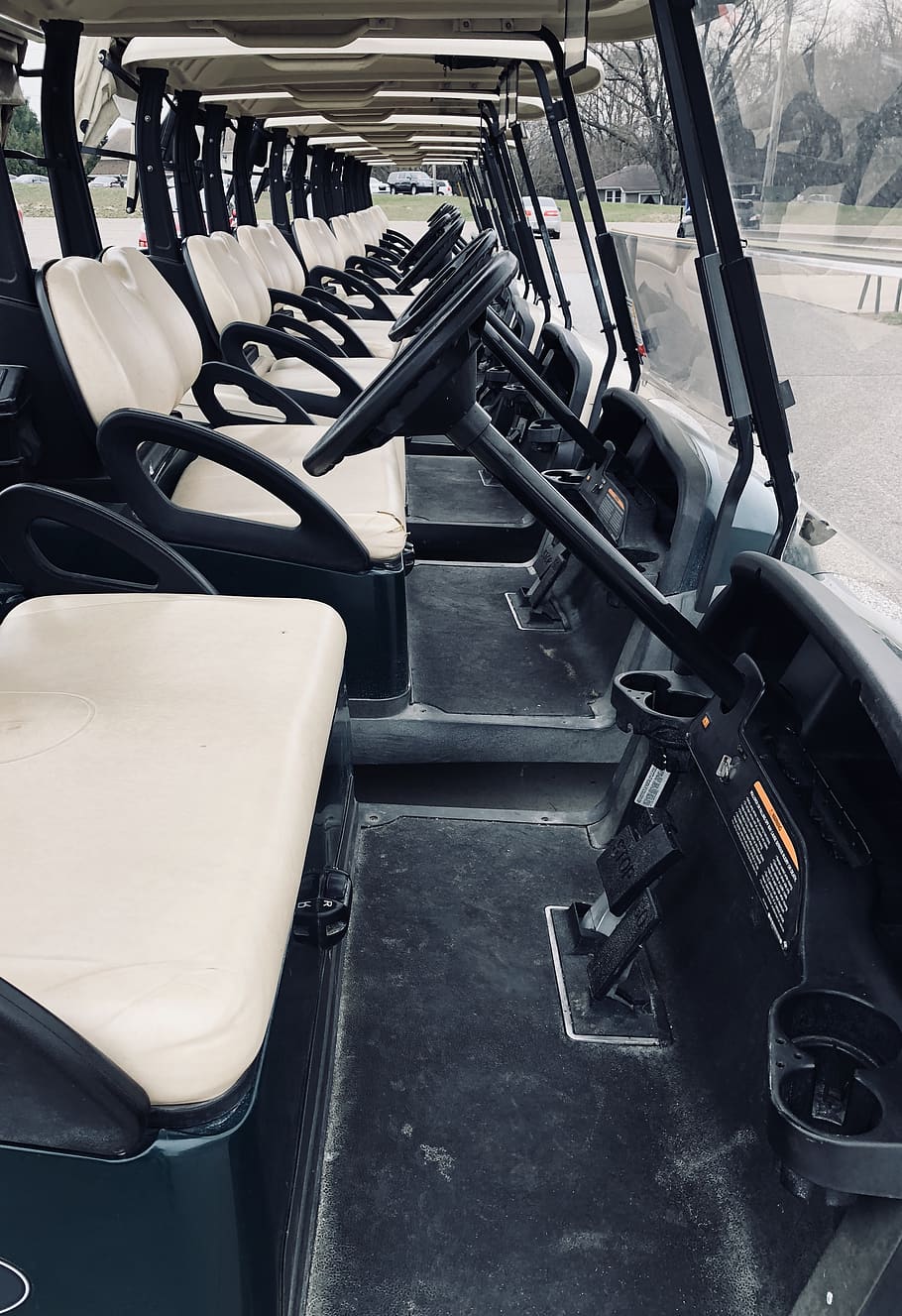 golf, golf cart, spring, sports, wheel, seat, in a row, empty
