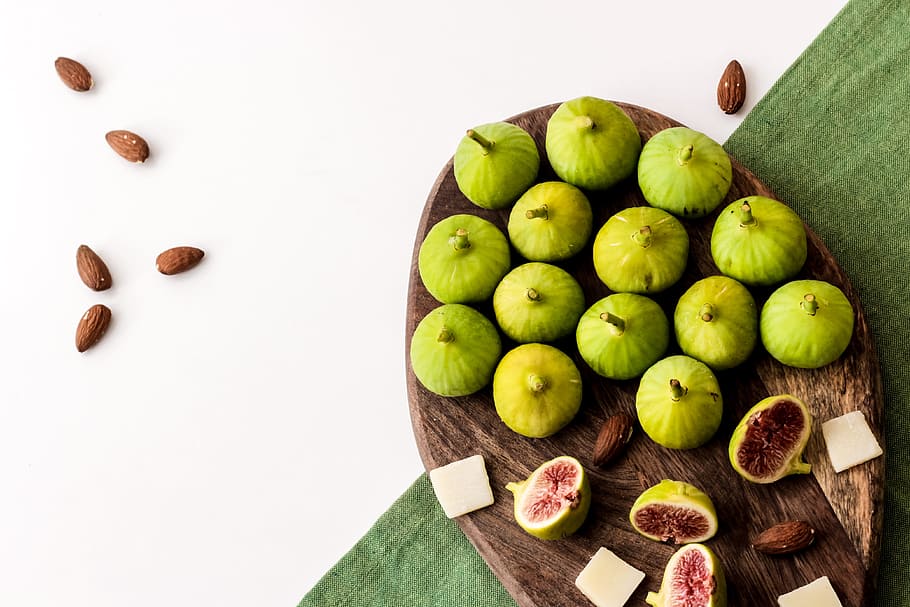 green pomegranate fruits, tray, nuts, healthy, fig, food, eat, HD wallpaper