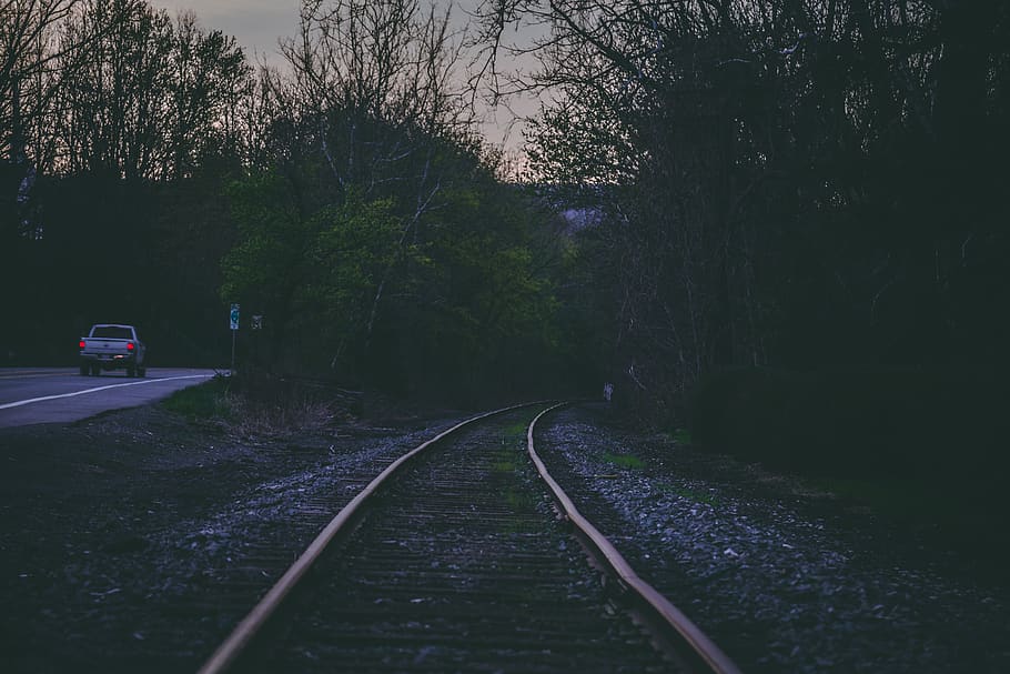Train Railway Near Road, car, evening, motion, pick up, pickup truck HD wallpaper