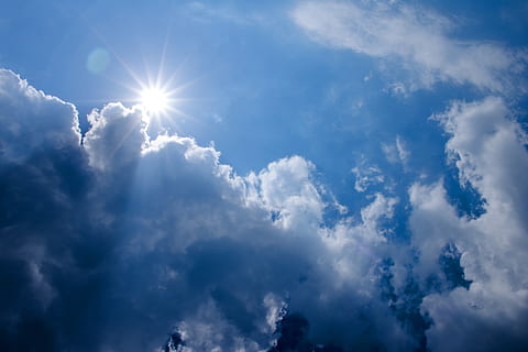 clouds, sun, sky, nature, mood, sunburst, rays, blue, sunbeam HD wallpaper