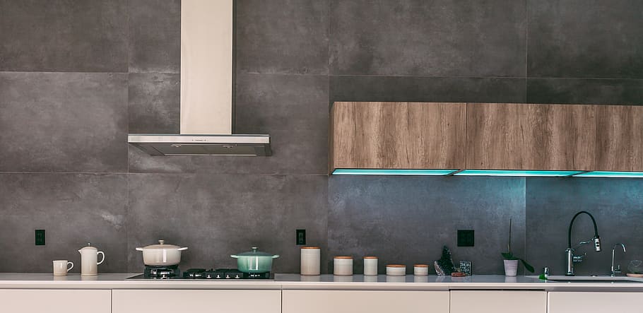 indoors, room, kitchen, minimal kitchen, le creuset, modern kitchen, HD wallpaper