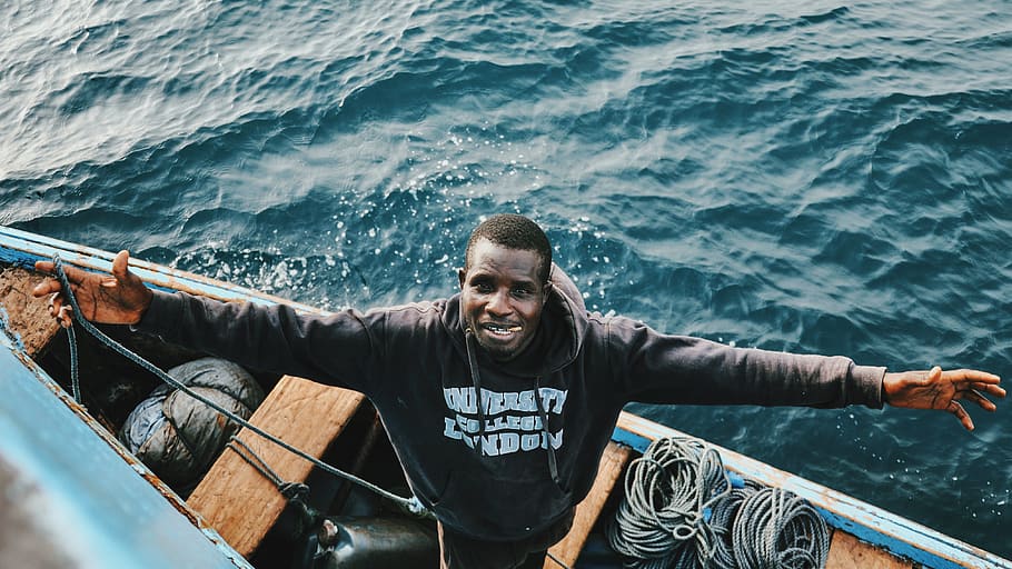 hug, black, ghana, fisherman, ocean, sea, boat, one person, HD wallpaper