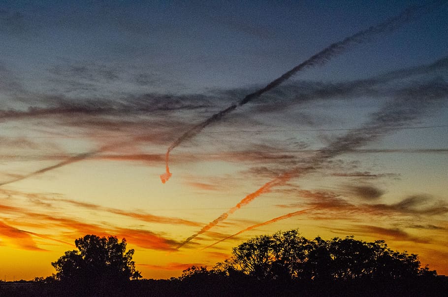 jet smokes on sky, cloud - sky, sunset, beauty in nature, scenics - nature HD wallpaper