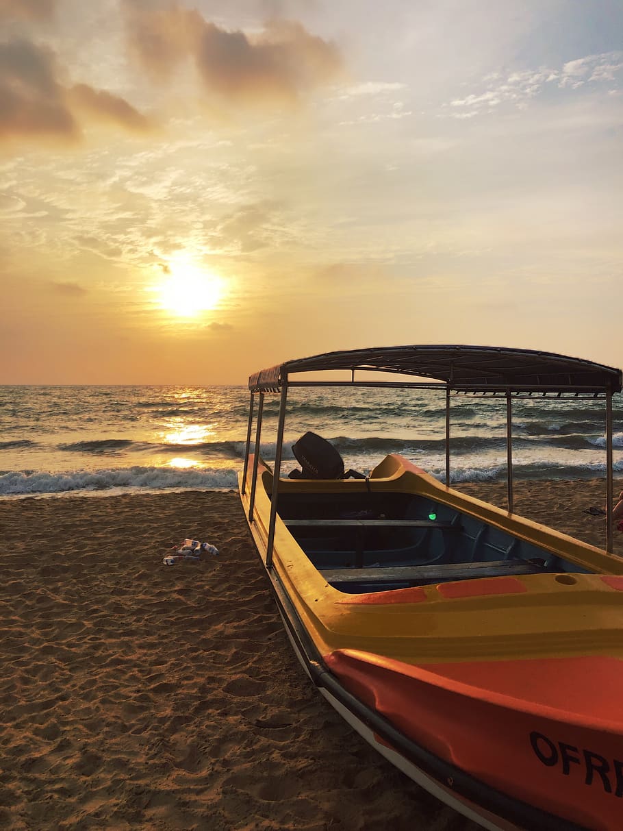 sunset, boat, beach, feeling, sky, water, sea, cloud - sky HD wallpaper