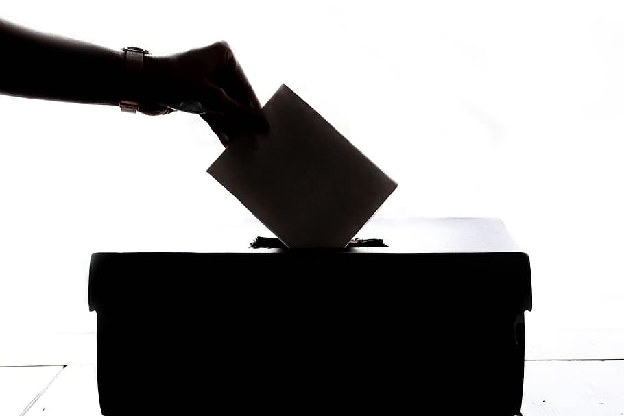 Person Dropping Paper On Box, ballot, black and white, black-and-white
