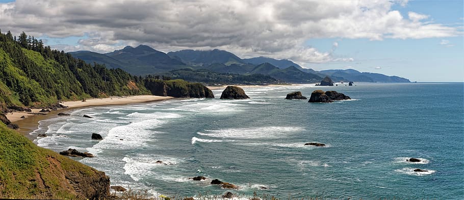 panoramic view, ecola state park view, ocean beach, ocean waves, HD wallpaper