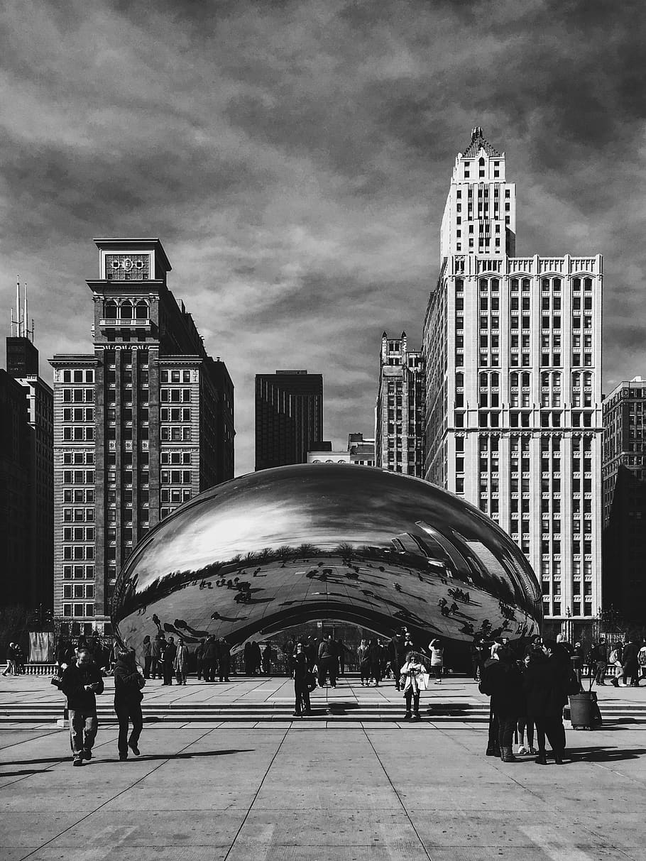 chicago, millennium park, united states, black and white, the bean, HD wallpaper