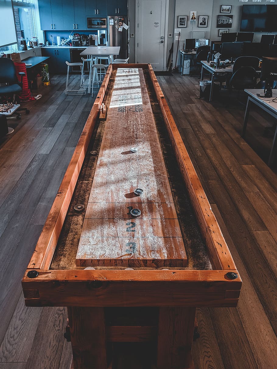 rectangular brown wooden game table, hardwood, plywood, flooring