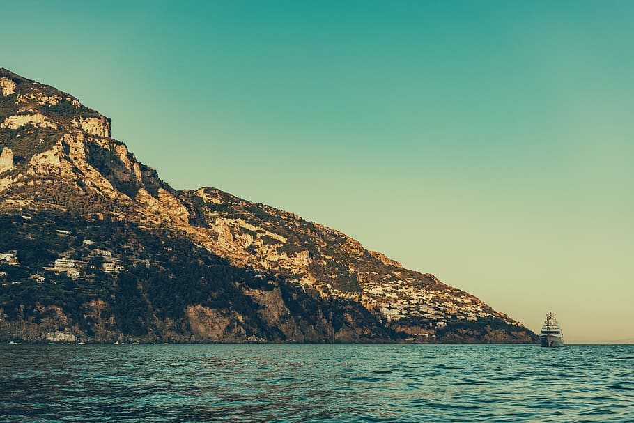 mountain, sunset, ocean, boat, sky, amalfi, coast, cliff, water HD wallpaper