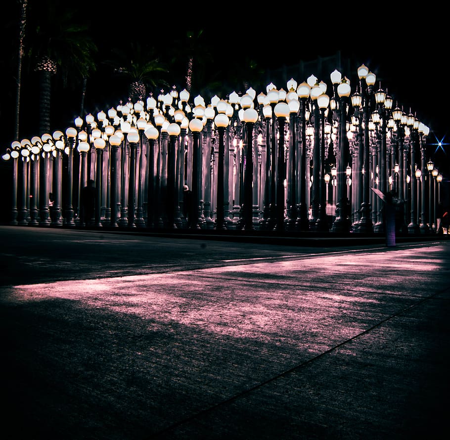 lights, night, la, illuminated, in a row, lighting equipment HD wallpaper