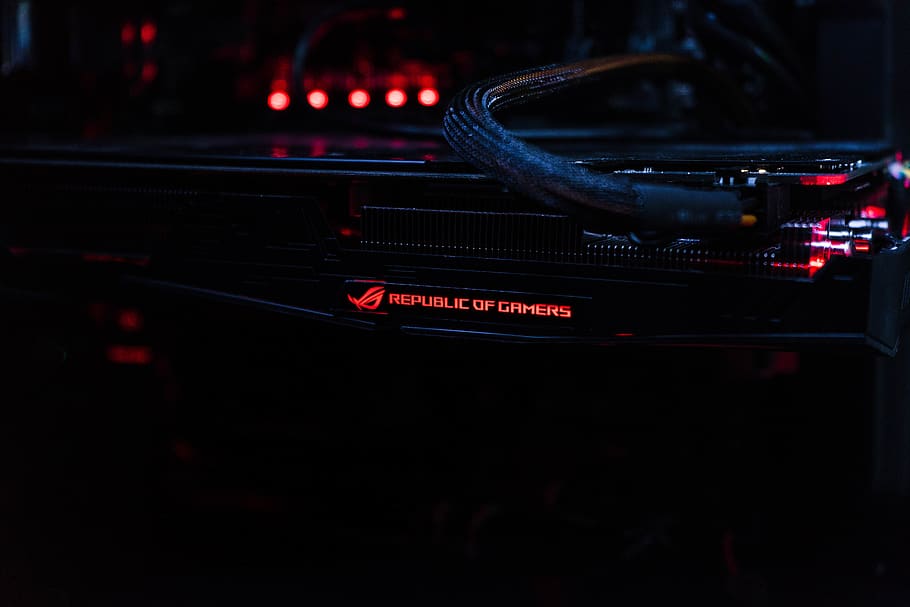 Asus ROG gaming tower, technology, red, no people, illuminated
