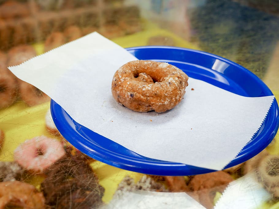 Blueberry donut sitting on a blue plate in a donut shop., bakery, HD wallpaper