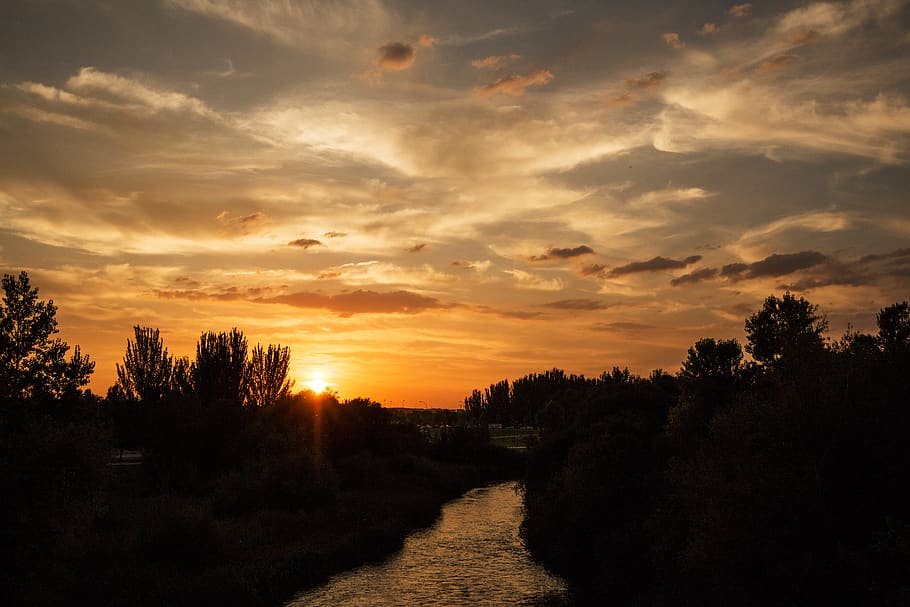 sunset, river, landscape, nature, dusk, reflection, sky, tree HD wallpaper