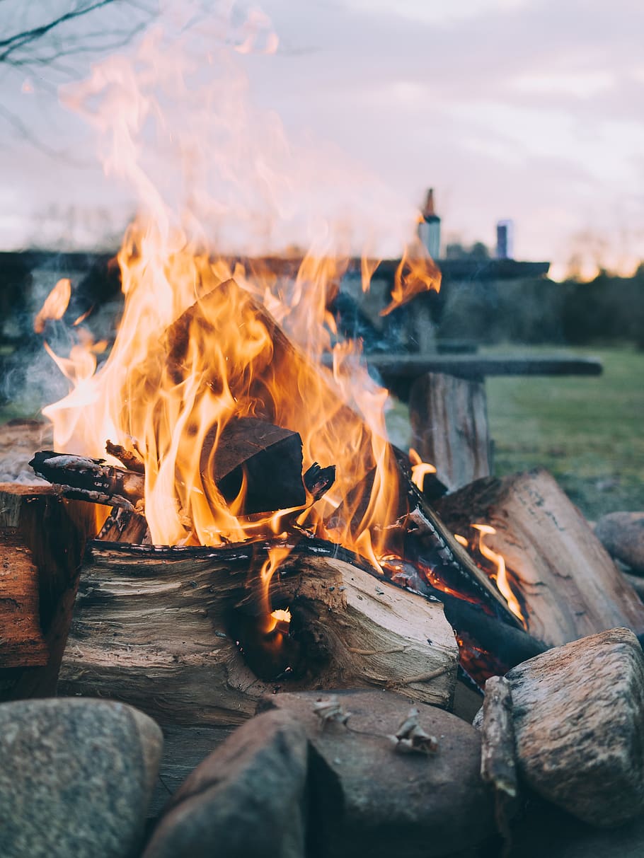 fire, camp, woods, rock, spark, chair, bench, grass, burning HD wallpaper