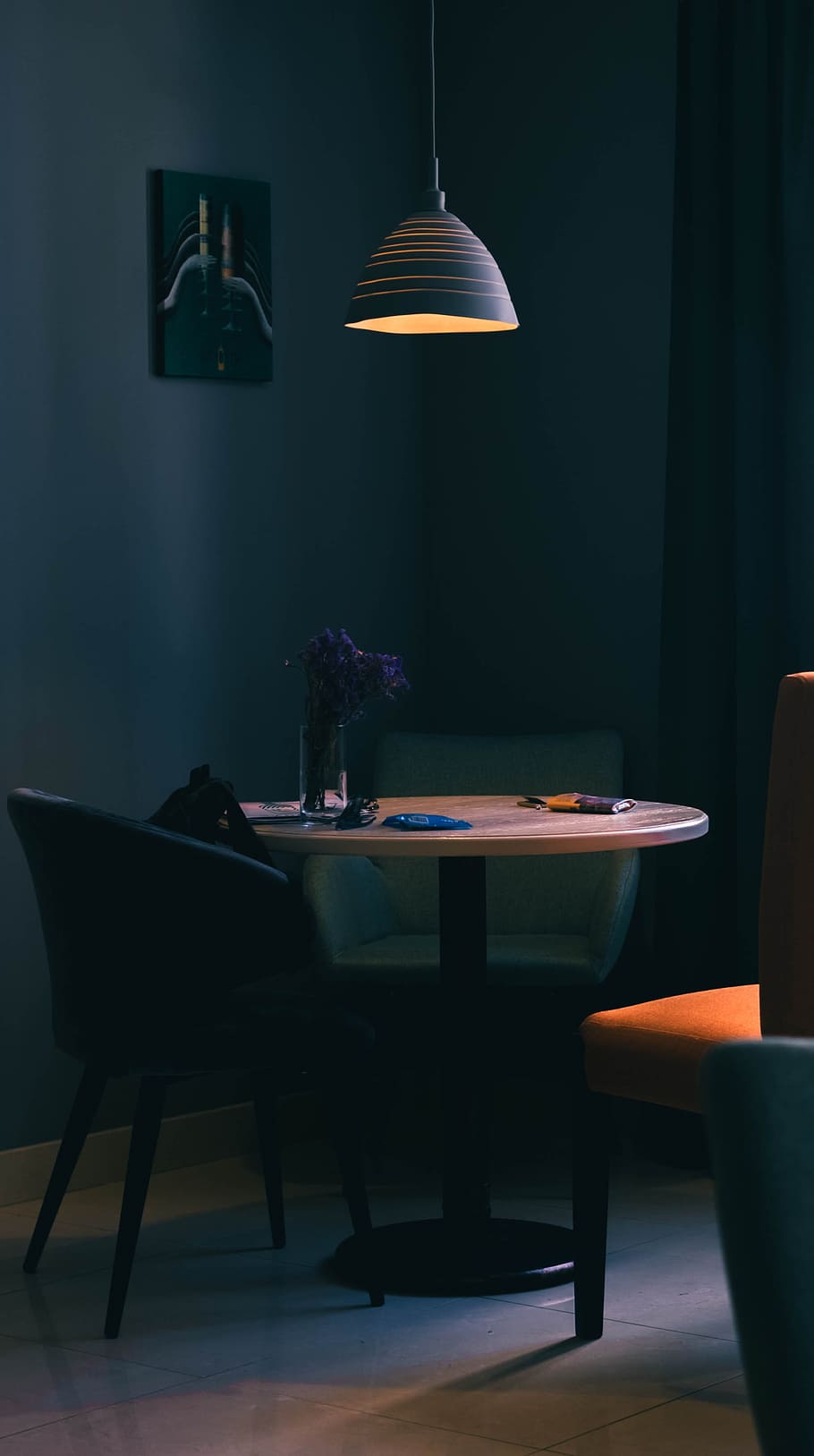 turned-on pendant lamp, chair, table, light, decor, flower, cafe HD wallpaper