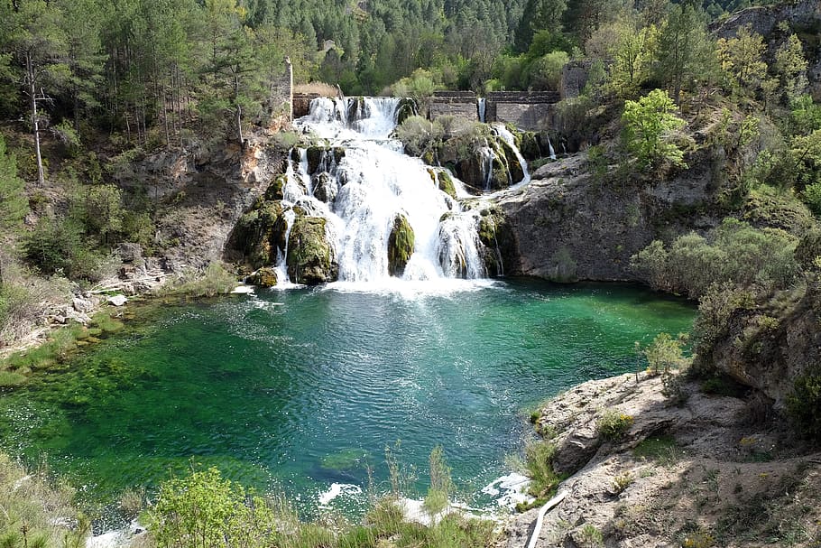 Waterfall Surrounded by Rocky Mountain, cascade, landscape, nature HD wallpaper