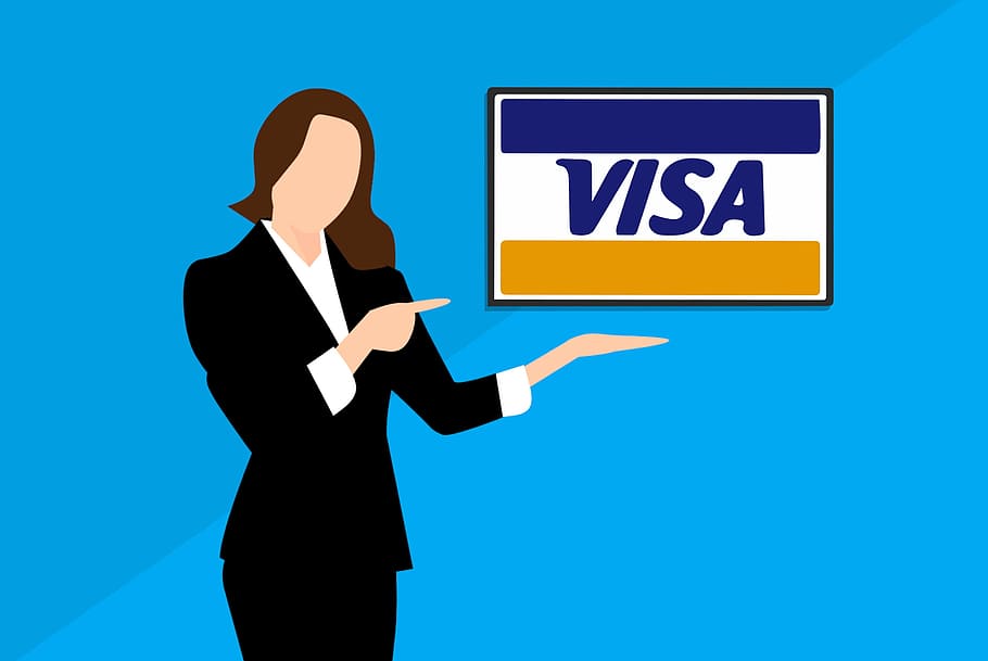 Illustration of woman with credit card., visa, bank, account