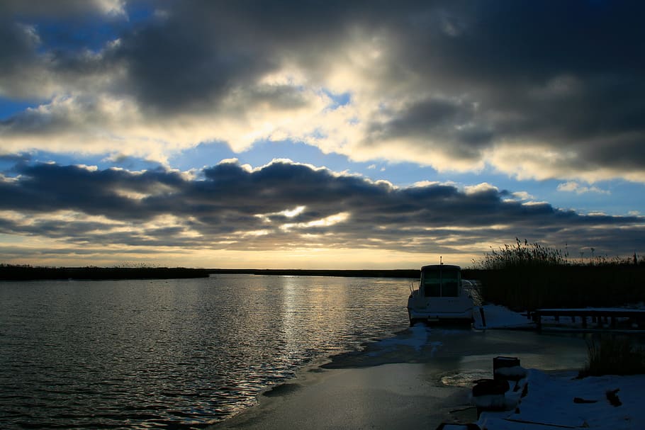 Seashore during Sunset, beach, boat, clouds, dark, dawn, evening HD wallpaper