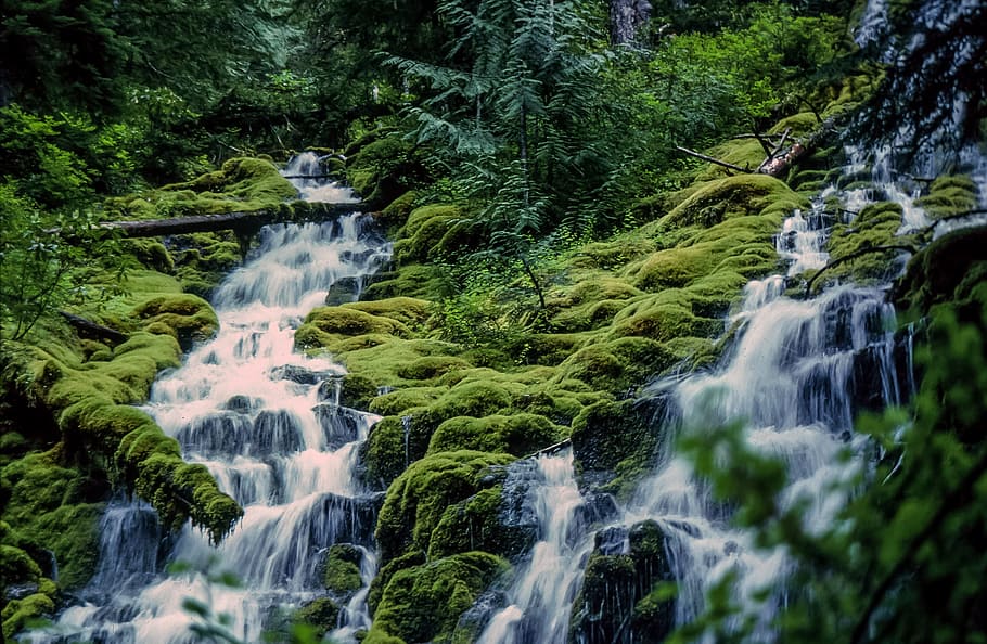 View of waterfalls in green mountains, beautiful, flowing, levels