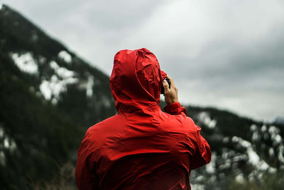 people, man, red, raincoat, outdoor, nature, sky, blur, one person HD wallpaper