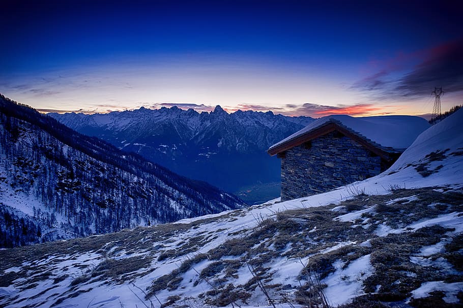 hut, dusk, mountain, alp, sunrise, landscape, snow, winter HD wallpaper