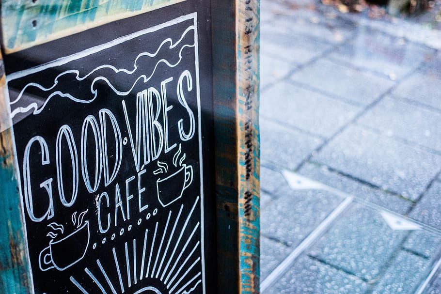 good vibes, cafe, cornwall, falmouth, sign, chalk board, text HD wallpaper