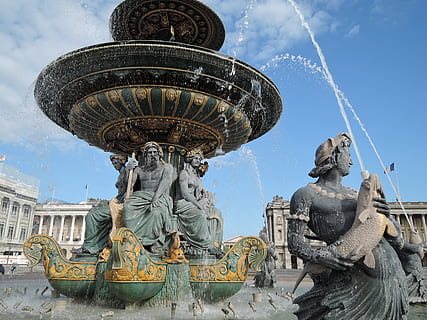 Gray Concrete Fountain, ancient, architecture, art, bronze, building HD wallpaper
