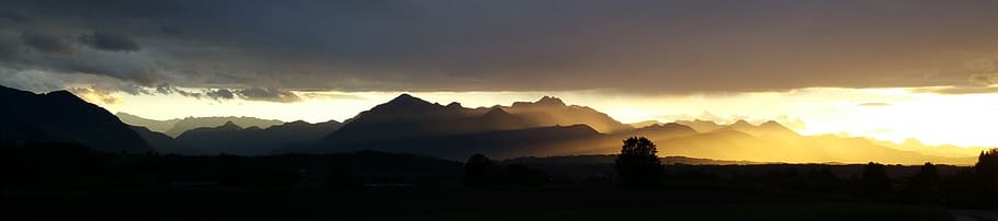 sun, light, shadow, sunset, landscape, mountains, sky, mystical HD wallpaper