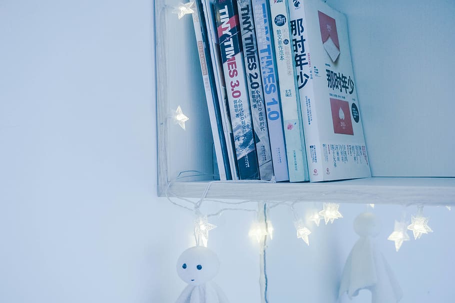 Assorted Books On White Shelf, lights, no people, indoors, illuminated HD wallpaper