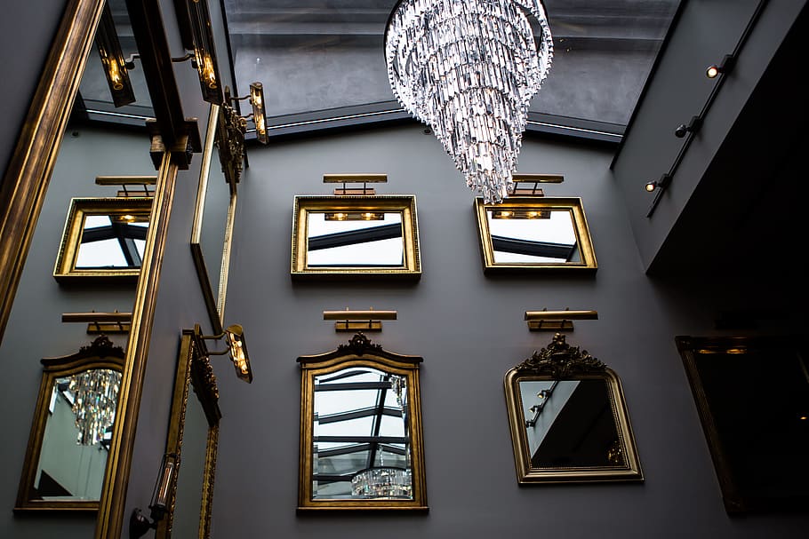 turned-on crystal chandelier, interior, mirror, light, frame HD wallpaper