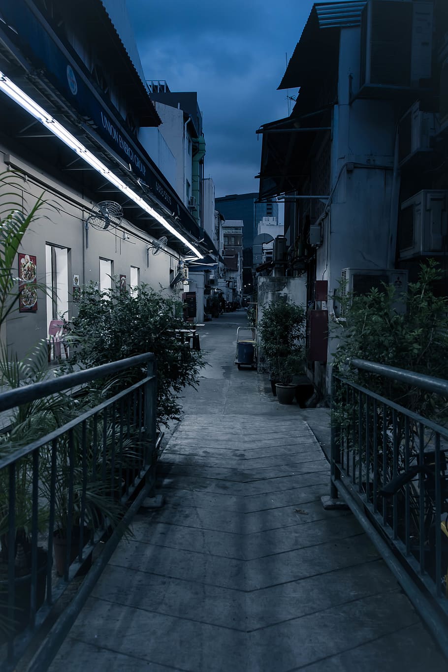 alley, dark, vertical, night, blueish, back alley, empty, lonely, HD wallpaper