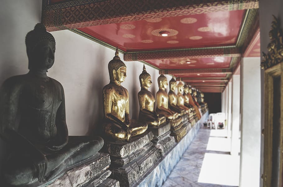 Buddha Statues Inside Building, architecture, art, bright, culture, HD wallpaper