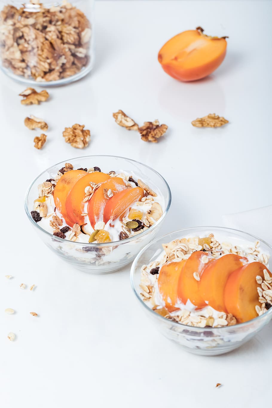 Sliced Fruits in Clear Glass Bowls, apricot, breakfast, cereal