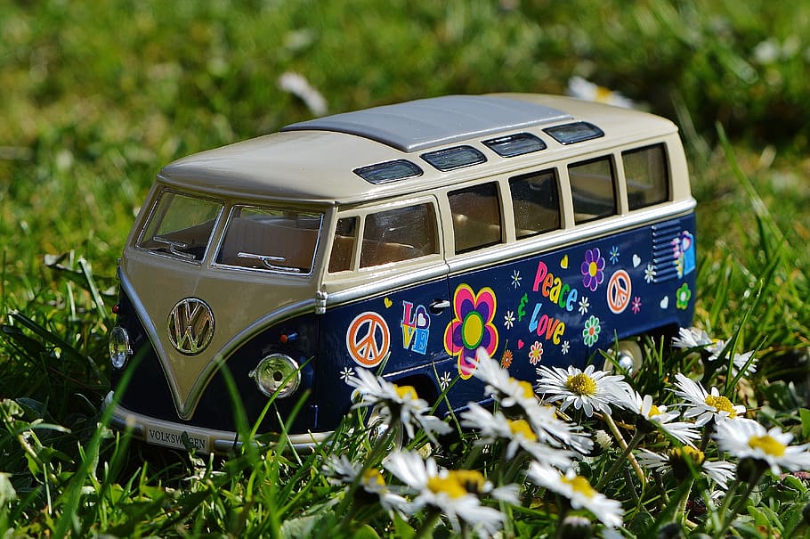 Volkswagen Beige and Blue Van Scale Model Near White Daisy Flower during Daytime HD wallpaper