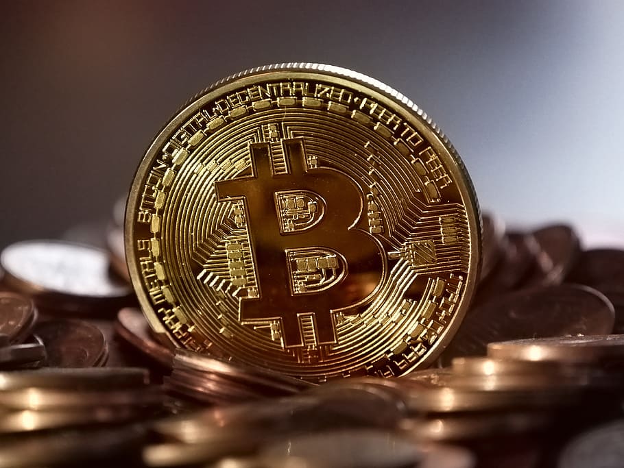 Close-up of Coins, bank, banking, bitcoin, blockchain, blur, business
