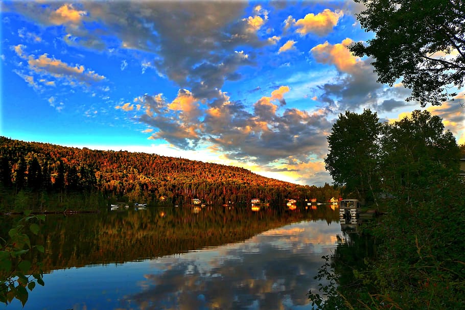 landscape, nature, clouds, mountain, trees, lake, sky, fall HD wallpaper