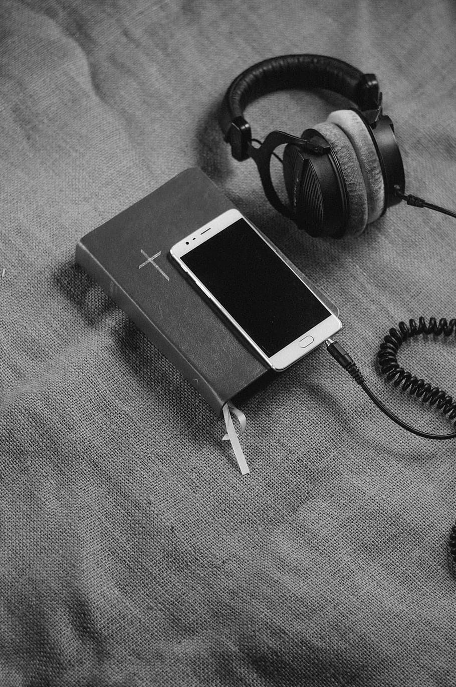 white smartphone on bible, indoors, still life, high angle view HD wallpaper