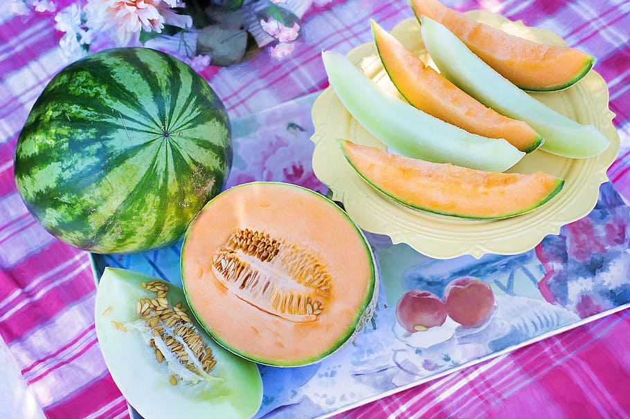 table, melon, fresh, fruit, food, nature, sweet, ripe, food and drink HD wallpaper