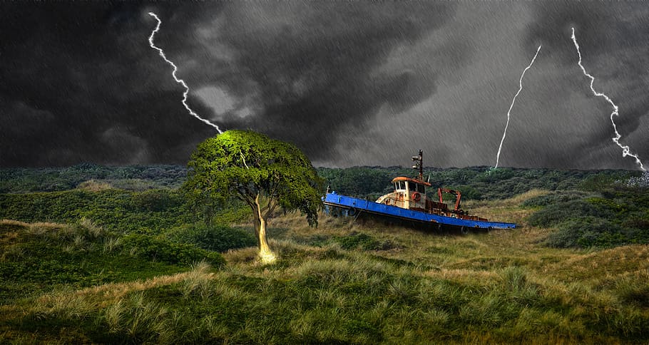 storm clouds, ship wreck, lighting, boat, landscape, sky, tree HD wallpaper